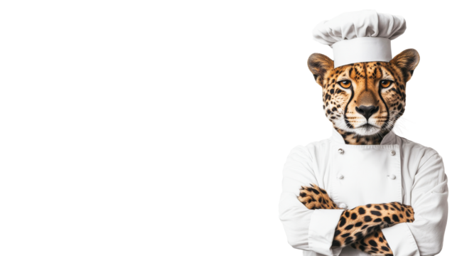 Leopard in chef's uniform with crossed arms, culinary concept, cut out transparent