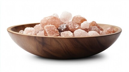 A simple and elegant wooden bowl with large pink salt rocks, perfectly isolated