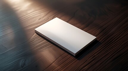 A high-contrast photograph of a crisp, white, and entirely blank business card positioned precisely in the center of a rich, dark wood-grained table, illuminated by soft, warm, and subtle natur
