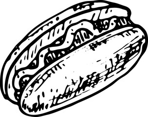 Hand drawn Hot Dog doodle. Sketch food and drink, icon. Decoration element. Isolated on white background. Vector illustration