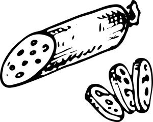 Hand drawn sausage doodle. Sketch food and drink, icon. Decoration element. Isolated on white background. Vector illustration