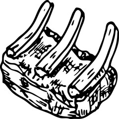 Hand drawn meat on ribs doodle. Sketch food and drink, icon. Decoration element. Isolated on white background. Vector illustration