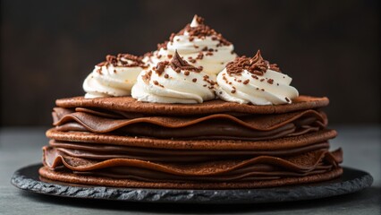 A delicious stack of chocolate pancakes topped with whipped cream and chocolate shavings, served on a dark plate.