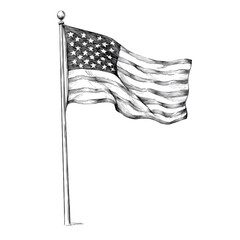 A detailed illustration of the American flag waving in the wind, showcasing its stars and stripes against a clean white background.