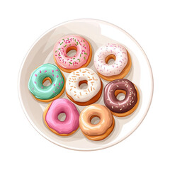 Fototapeta premium Colorful assorted donuts on a plate, showcasing a variety of icing and sprinkles, perfect for dessert lovers and food photography.
