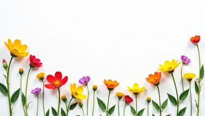 Delicate, scattered wildflowers on white background, illustration, decor