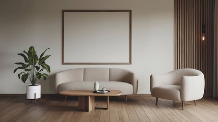 Minimalist, japandi style interior design of modern living room. Boucle sofa and accent armchair against beige wall with frame. home decor.