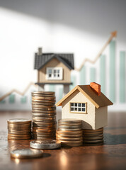 Miniature house on coins with a rising graph representing real estate investment.