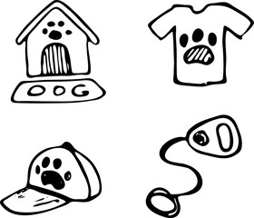 Fototapeta premium Hand Drawn vector illustration set of walk the dog sign, Automatic leash roulette and cap symbol doodles elements. Isolated on white background