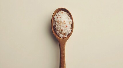 A wooden spoon filled with coarse Himalayan salt crystals, isolated on a minimalistic light background