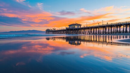 Obraz premium Ocean pier sunset reflection, beach calm waves