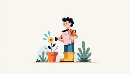 Person watering flower with a watering can in a minimalist style  