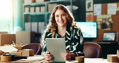 Tablet, portrait and woman in creative small business with ecommerce, confidence and dropshipping. Smile, designer and entrepreneur in office on digital app, online order management or delivery boxes