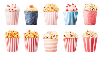 Party snack desserts cups, candy, and popcorn arrangement, cut out transparent