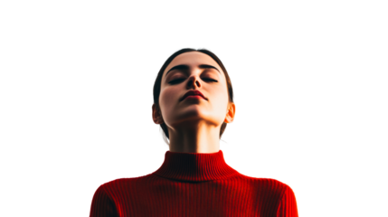 Tranquil woman with closed eyes in red turtleneck, cut out transparent