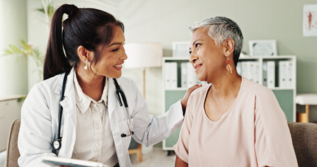 Woman, doctor and consulting senior patient for care, support or trust with checkup appointment in...