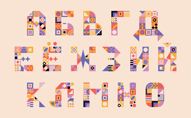 Obraz premium Modern cyrillic bauhaus font, geometric swiss type. Vector alphabet, cyrillic font typography, colorful letters. Brutalism uppercase creative vibrant font