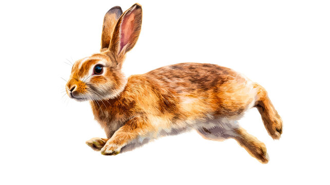 Alert rabbit running, light brown fur, pointy ears, detailed, cut out transparent