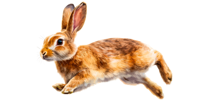 Alert rabbit running, light brown fur, pointy ears, detailed, cut out transparent
