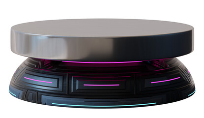 This podium stands out with a sleek, modern design, showcasing an elevated display surface and a striking base adorned with colorful lights, perfect for showcasing products effectively