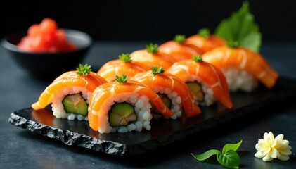 Elegant sushi platter, minimalist presentation, japanese cuisine, visual appeal