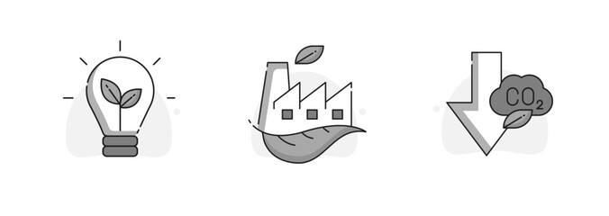 Sustainable Industry and Green Energy Icons. CO2 Reduction, Eco Lightbulb, and Green Manufacturing Concepts. Gray Illustrative Icons with Editable Stroke.