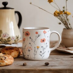 Fototapeta premium Ceramic Coffee Mug with a Delicate Floral Print on a Vintage Breakfast Table