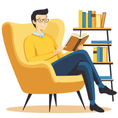 A man in a yellow sweater enjoys reading a book while seated comfortably in a stylish armchair, with a bookshelf filled with books in the background.