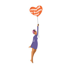 Retro Woman in Polkadot Bandana Flying with Balloon Powered by Dreams Babe