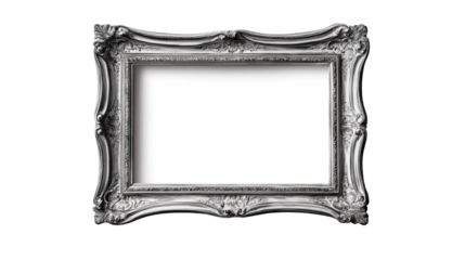 Ornate vintage silver picture frame on black background, cut out transparent