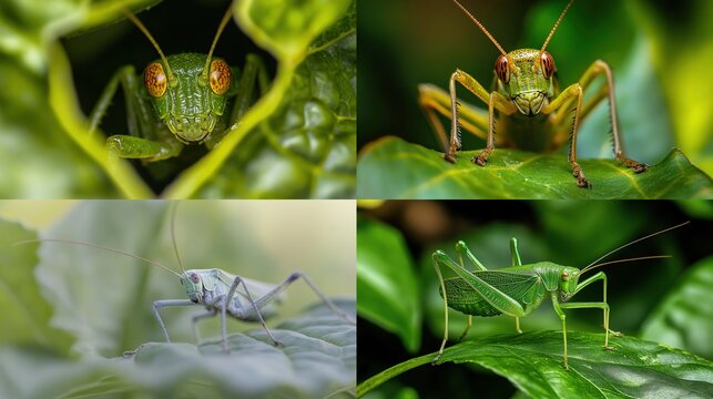Close-up collage of four green katydids on leaves.