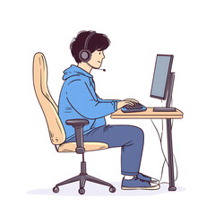 Illustration of a young man wearing headphones, seated at a desk with a computer, engaged in an online activity, conveying a sense of focus and modern digital lifestyle.