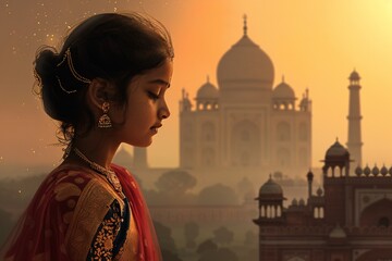 Indian girl in a red and gold sari posing serenely with the taj mahal in the background at sunset