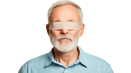 Elderly man with eye patch, medical bandage, portrait, isolated, cut out transparent