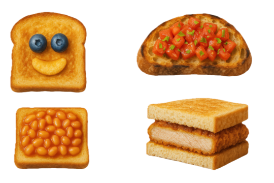 Set of international toasts isolated on transparent background: sweet French toast with fruit, Italian bruschetta with tomatoes, British toast with baked beans,Japanese katsu sandwich