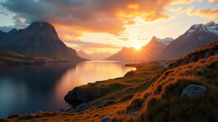 Scenic view in Norway during dawn, with sunny conditions, captured from a panoramic perspective.