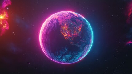 Obraz premium Neon Earth, space, night, glowing, city lights, cosmic background, global connectivity