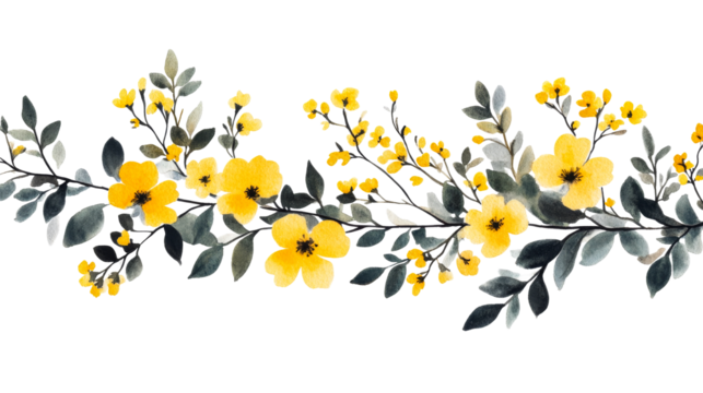 Watercolor yellow flowers arrangement on branch, leaves, cutout transparent