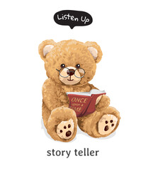 story teller slogan with cute bear doll holding a book vector illustration created by hand drawn