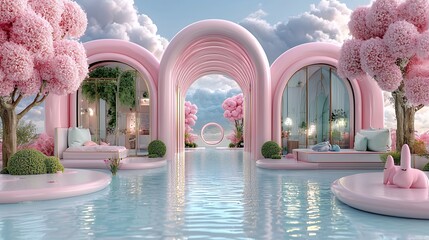 Pastel Pink Architectural Fantasy with Cherry Blossoms and Rabbit