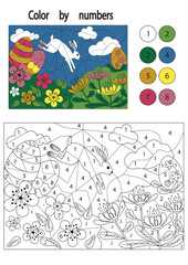 Ostern. Color by numbers. Education game for smart kids and children in a Easter time. Rabbit, Bunny, flowers and  shocolate eggs
