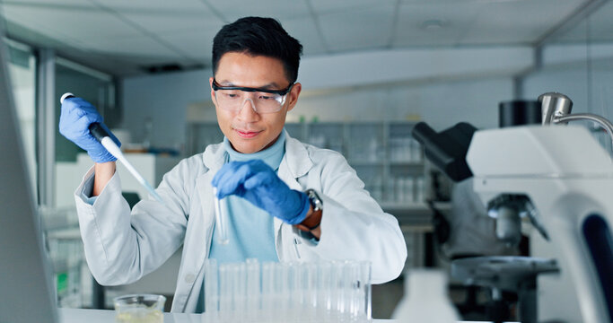 Experiment, scientist and man with pipette, lab and equipment for biotechnology and pharmaceutical. Healthcare, medical professional and person with test tube for breakthrough or genetic engineering