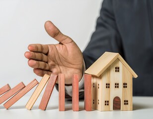 Protecting Home from Crisis  Hand Stopping Falling Domino Blocks

