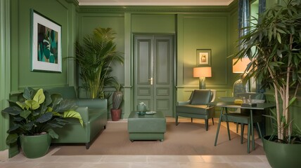 Fototapeta premium A cozy green room with plants, a sofa, and soft lighting.