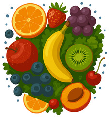 Realistic Fruits Vector Illustration - Lemon, Orange, Kiwi, Watermelon, Strawberry,apple,  juicy, juice, blueberry, grapes, banana, drops, splats, peach