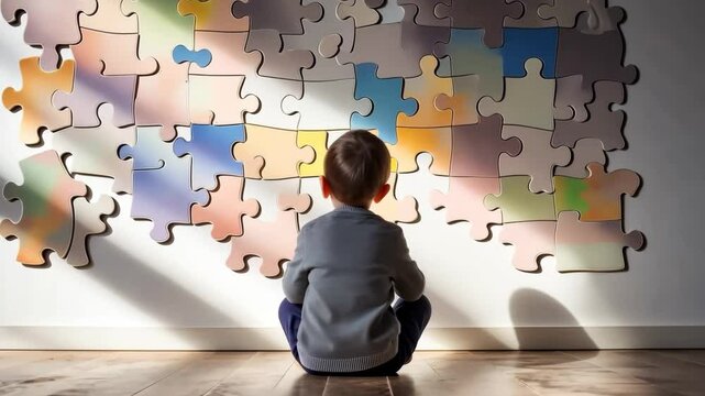 A lonely boy is sitting in an empty room with a puzzle on the wall. World Autism Day. the concept of autism and loneliness