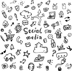 Hand drawn vector illustration set of social media sign and symbol doodles elements. Isolated on white background.
