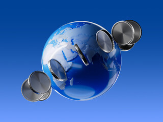 Online money transaction around world, business, mobile banking, mobile payments. Earth globe, euro and american dollars usd banknote planes isolated on blue background, money exchange 3d render icon