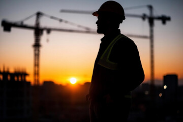 Construction worker operates crane at sunset in urban building site with multiple cranes in background