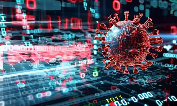 Cyberattack concept with binary virus code, glitch effects, and warning signs flashing in red and white
